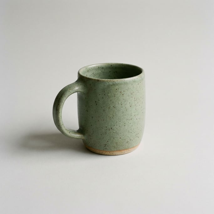 Handmade stoneware mug in speckled sage green glaze with an organic hand-pulled handle and raw clay