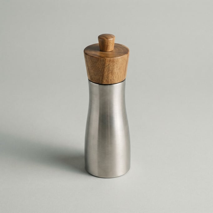 Stainless steel pepper grinder with a brushed finish body and a natural acacia wood top section with