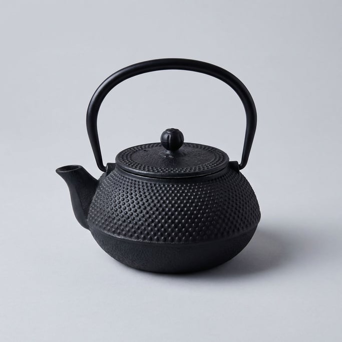 Japanese cast iron teapot in midnight black with a traditional hobnail dot texture pattern and arche