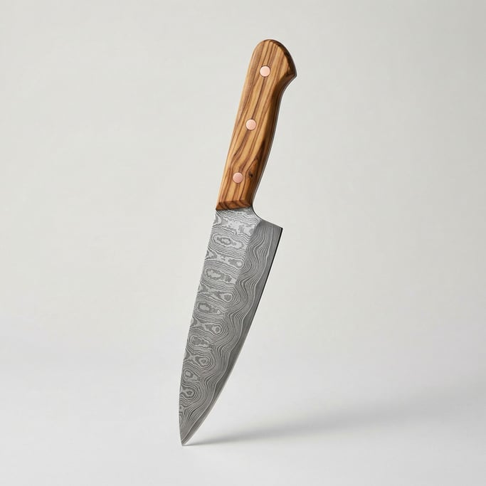 Hand-forged chef knife with a Damascus steel blade showing layered wave patterns and an olive wood r