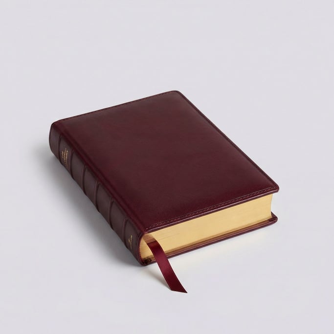 Leather-bound journal in rich burgundy full-grain hide with gold foil gilded page edges and a ribbon