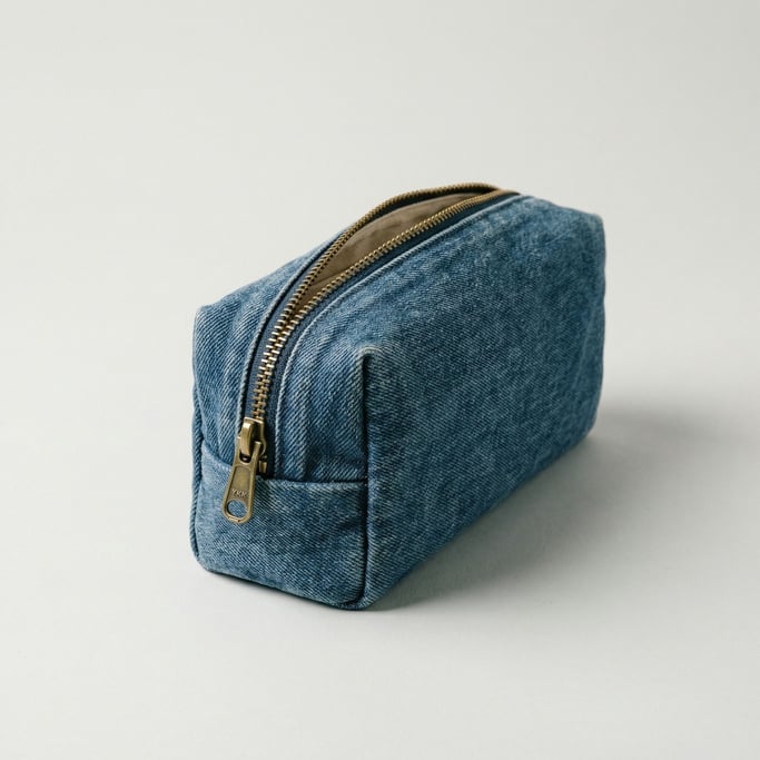 Canvas pencil case in washed denim blue with a heavy brass YKK zipper and cotton-lined interior