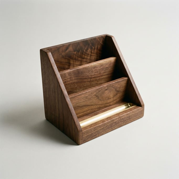 Walnut desk organizer with three compartments, a brass pen slot