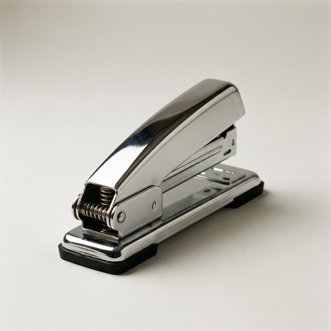 Retro chrome desktop stapler with a heavy-gauge steel body, spring-loaded mechanism