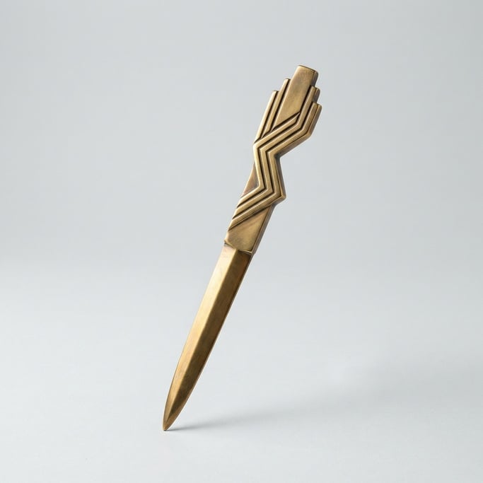 Brass letter opener with an art deco geometric handle featuring stepped angular lines and a tapered
