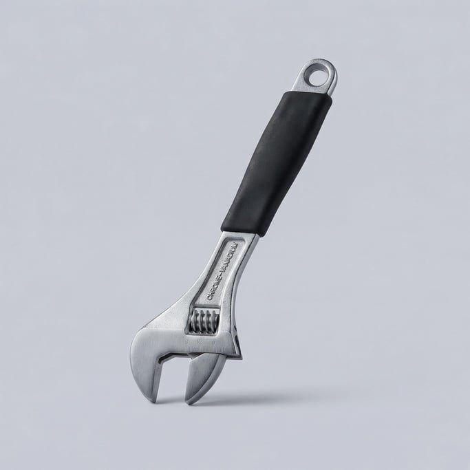 Chrome-vanadium adjustable wrench with a worm-gear jaw mechanism and a matte black rubber comfort gr