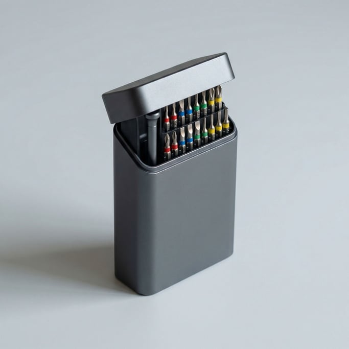 Precision screwdriver set in a compact anodized aluminum case with color-coded interchangeable magne