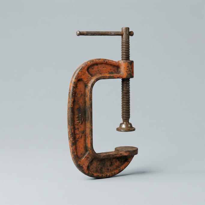 Heavy-duty metal C-clamp with worn orange industrial paint, a patinated iron frame, and a swivel pad