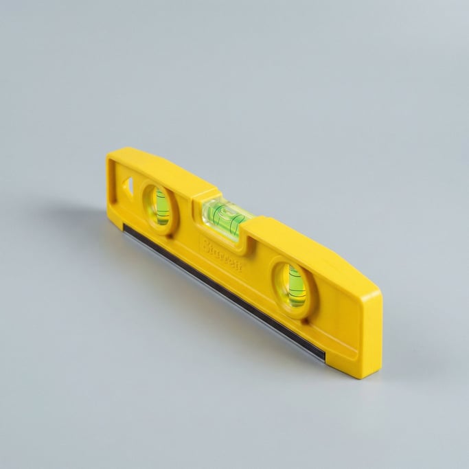 Torpedo spirit level in bright yellow ABS plastic with three green acrylic bubble vials and magnetic