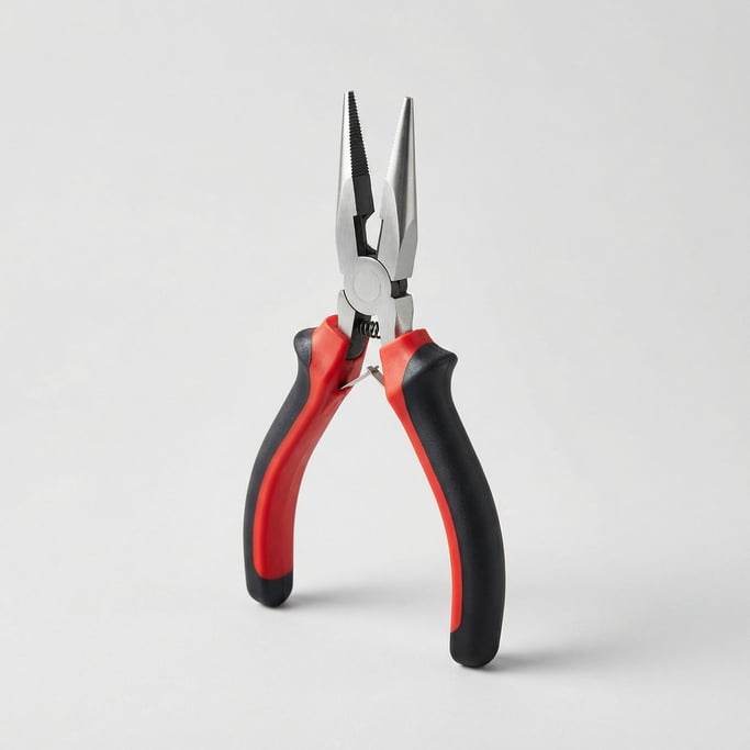 Needle-nose pliers with red and black rubber-dipped handles, exposed spring hinge