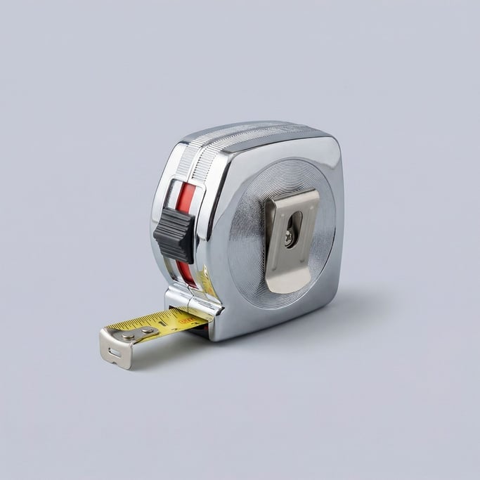 Retractable steel measuring tape in a chrome-plated die-cast housing with a rubber belt clip and loc