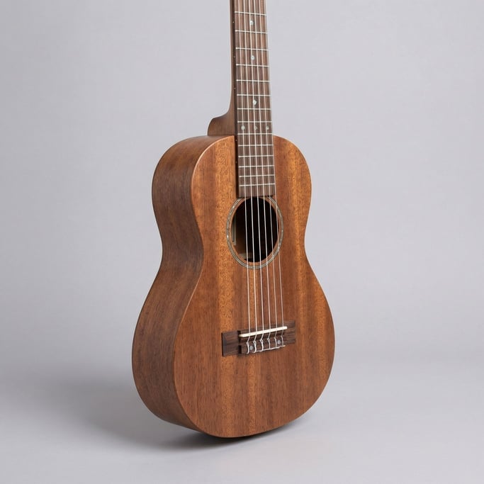 Soprano ukulele in natural satin mahogany with white nylon strings, rosewood fretboard