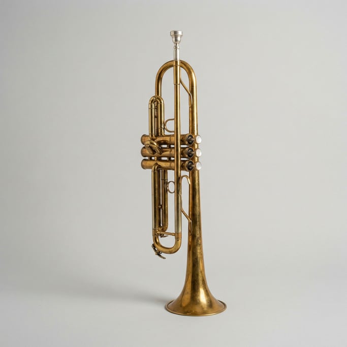 Brass trumpet with a warm golden lacquer patina, three mother-of-pearl valve buttons