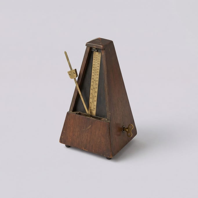 Vintage mechanical metronome in dark walnut with a brass pendulum arm, numbered tempo scale