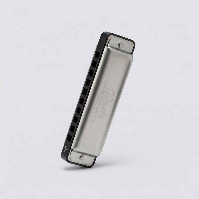 Chromatic harmonica in brushed stainless steel covers with a matte black ABS comb and rounded end ca