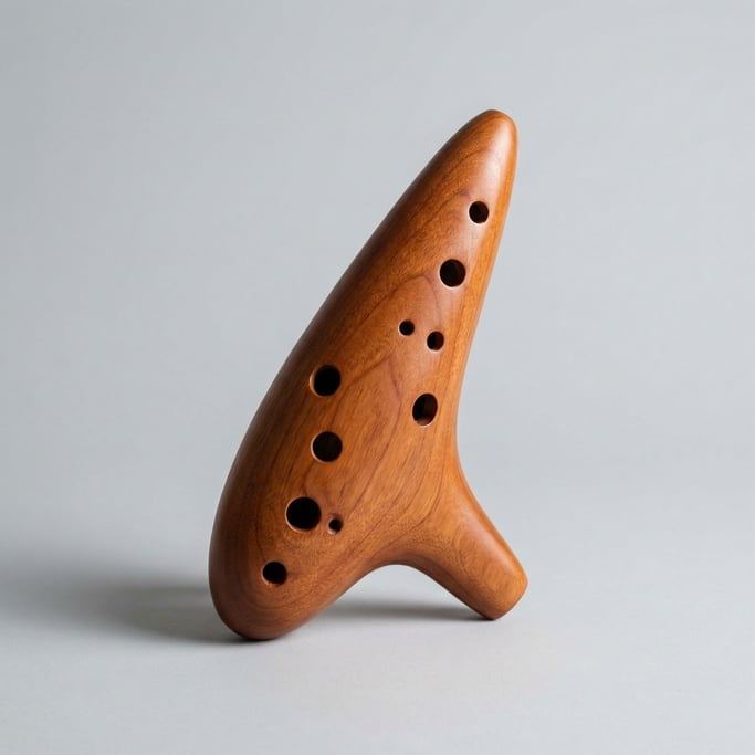 Wooden ocarina in warm cherry-stained finish with eight finger holes and a smooth hand-carved mouthp