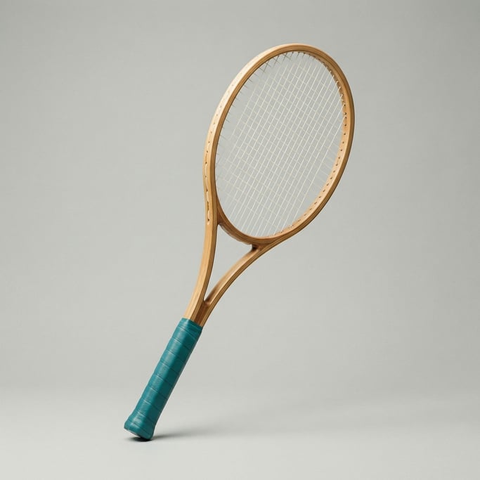Professional tennis racket with white synthetic gut strings, a teal leather grip