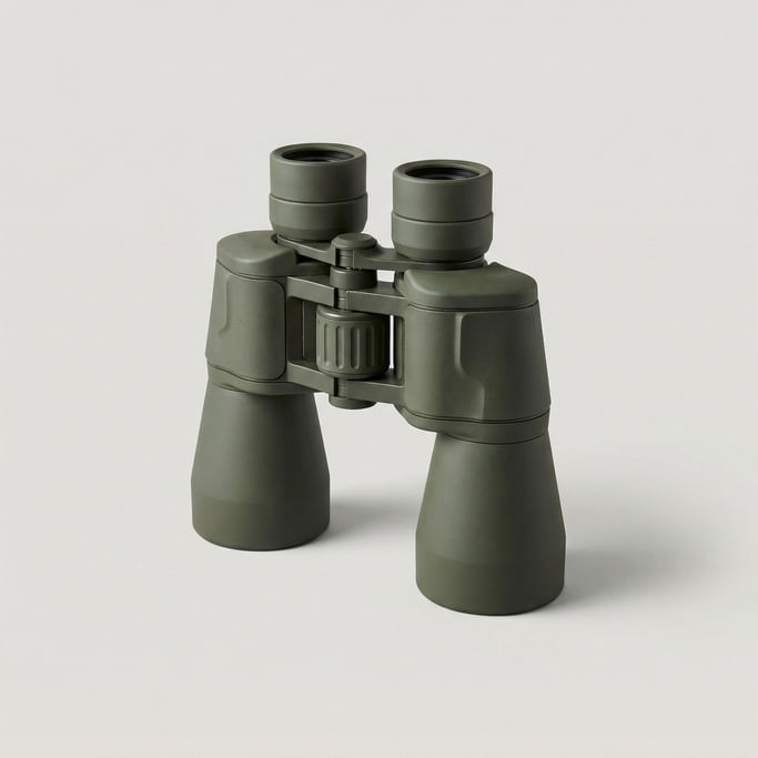 Premium binoculars in matte olive green with rubber armor coating, large objective lenses