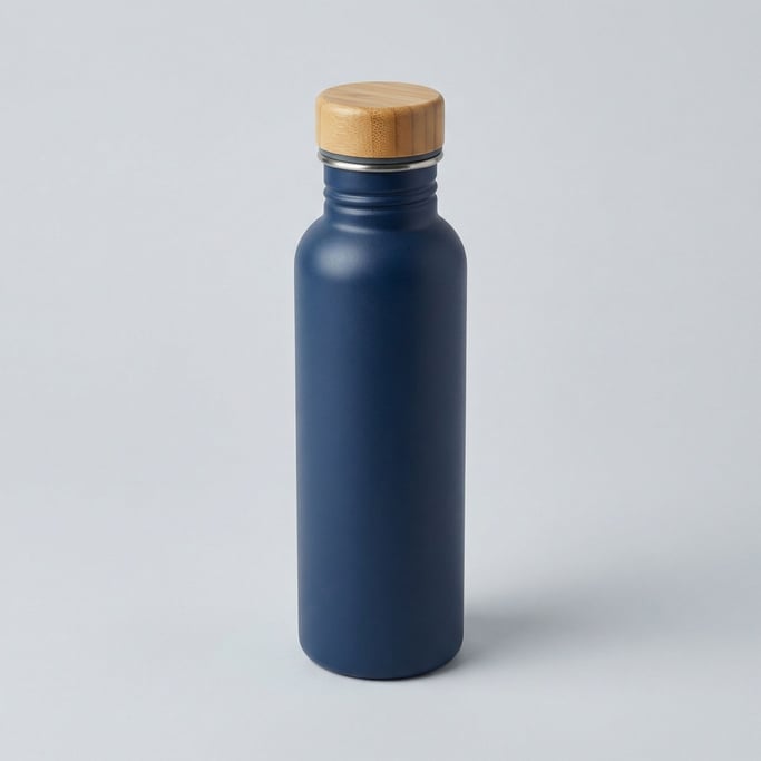 Insulated stainless steel water bottle in matte midnight finish with a threaded bamboo screw cap and
