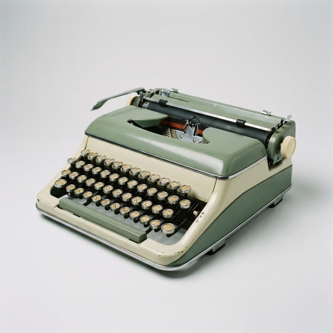 Vintage manual typewriter in two-tone sage green and cream enamel with chrome-rimmed circular glass