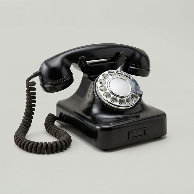 Glossy black Bakelite rotary telephone with a coiled fabric cord, chrome finger dial, and heavy base