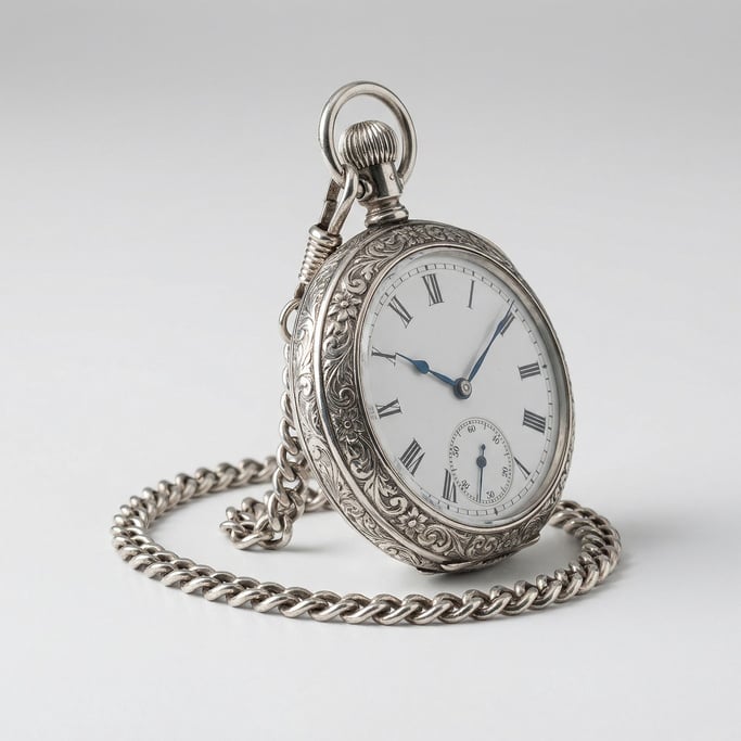 Ornate sterling silver pocket watch on a curb-link chain