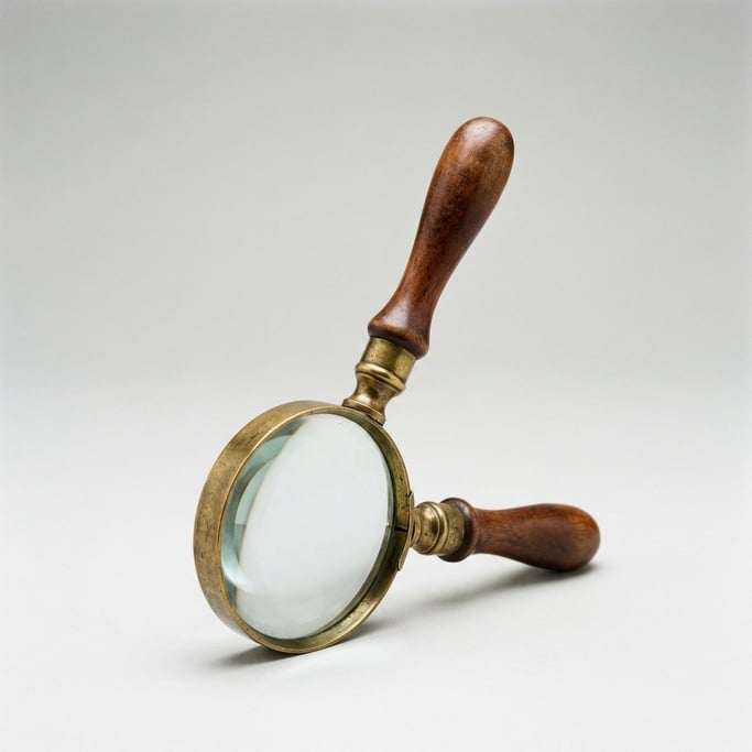 Vintage brass magnifying glass with a turned rosewood handle, thick convex lens