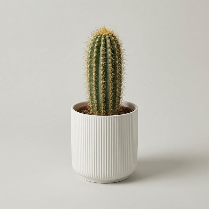 Tall columnar cactus in a matte white cylindrical ceramic pot with fine vertical ridges and golden s