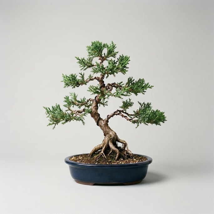 Miniature juniper bonsai in a shallow glazed navy ceramic tray with exposed nebari roots and wired b