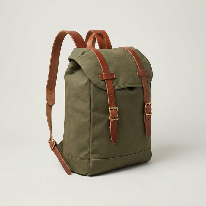Heritage canvas backpack in olive drab with vegetable-tanned leather buckle straps and antiqued bras
