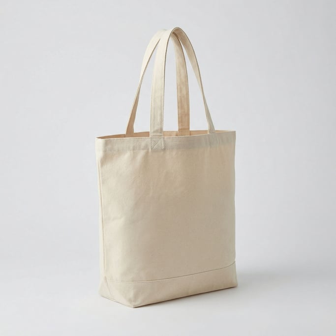 Minimalist canvas tote bag in natural ecru cotton with thick double-stitched handles and a flat bott
