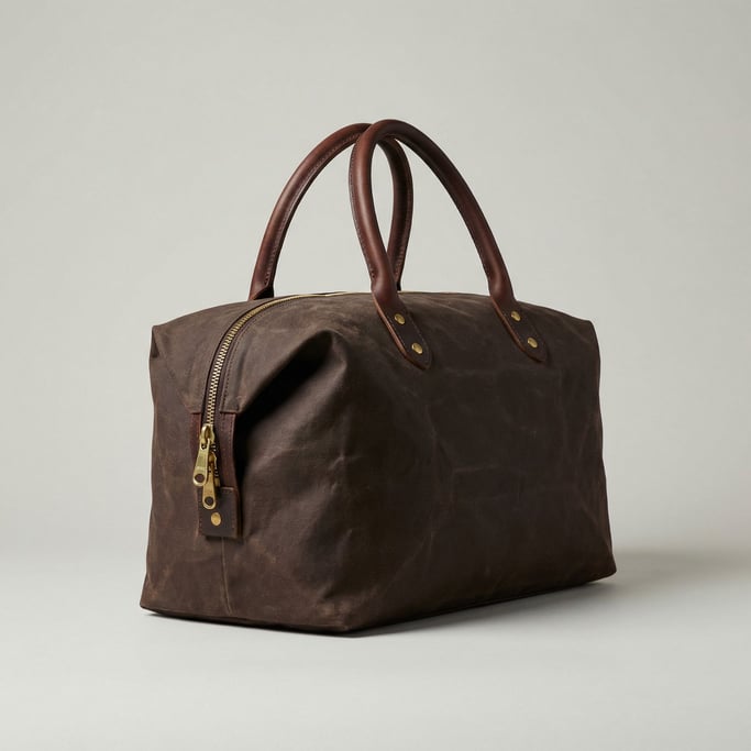 Waxed canvas duffel bag in dark brown with rolled full-grain leather handles and a heavy brass end z