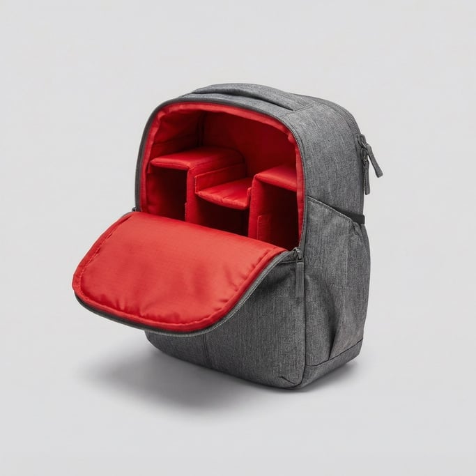 Padded camera bag in heathered grey nylon with a red ripstop interior visible through the open front