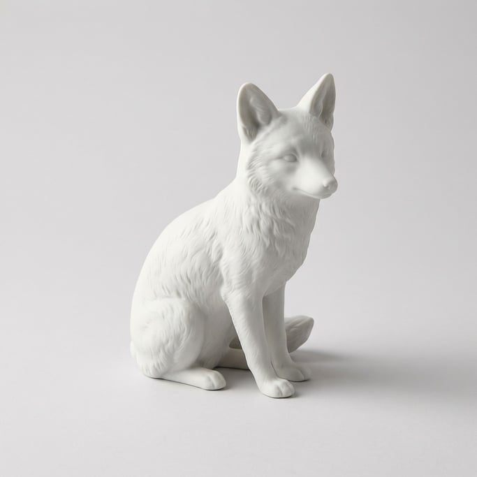 Porcelain figurine of a sitting fox in smooth matte white bisque with delicately sculpted fur textur