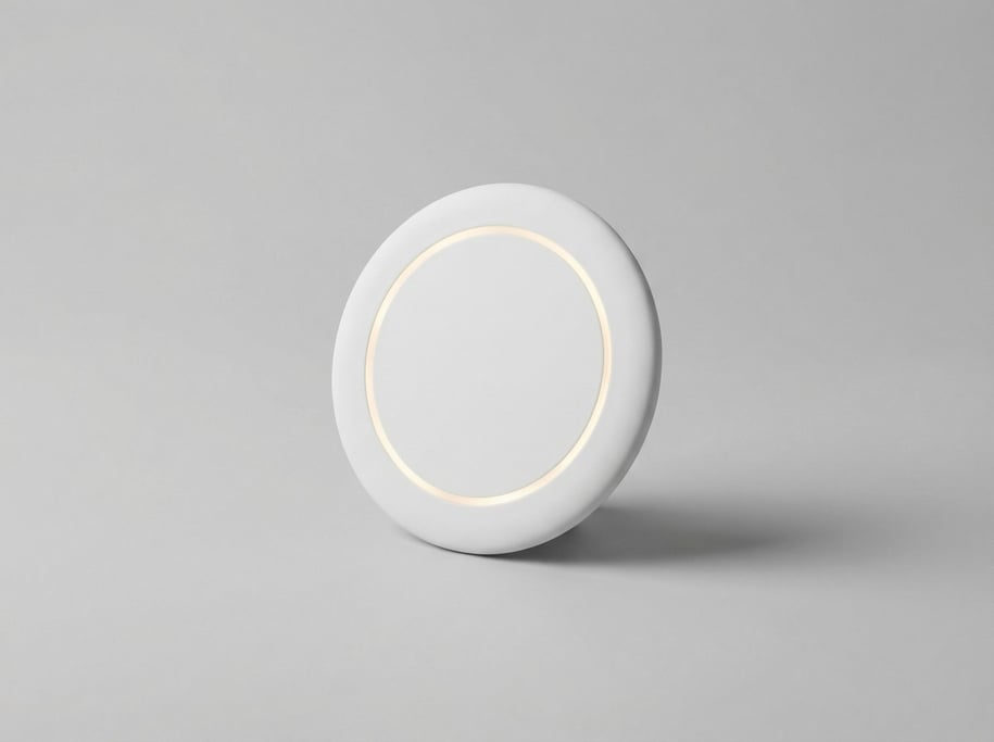 Flat wireless charging pad in matte white ceramic with a subtle LED status indicator ring around the