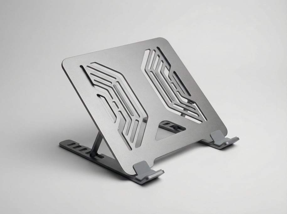 Ultra-thin laptop stand in space grey anodized aluminum with precision ventilation cutouts and foldi
