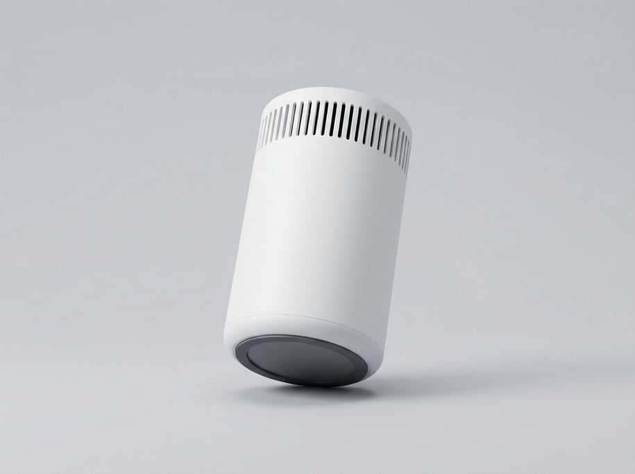 Mesh Wi-Fi router in matte white cylindrical form with ventilation slots and a flat rubberized non-s