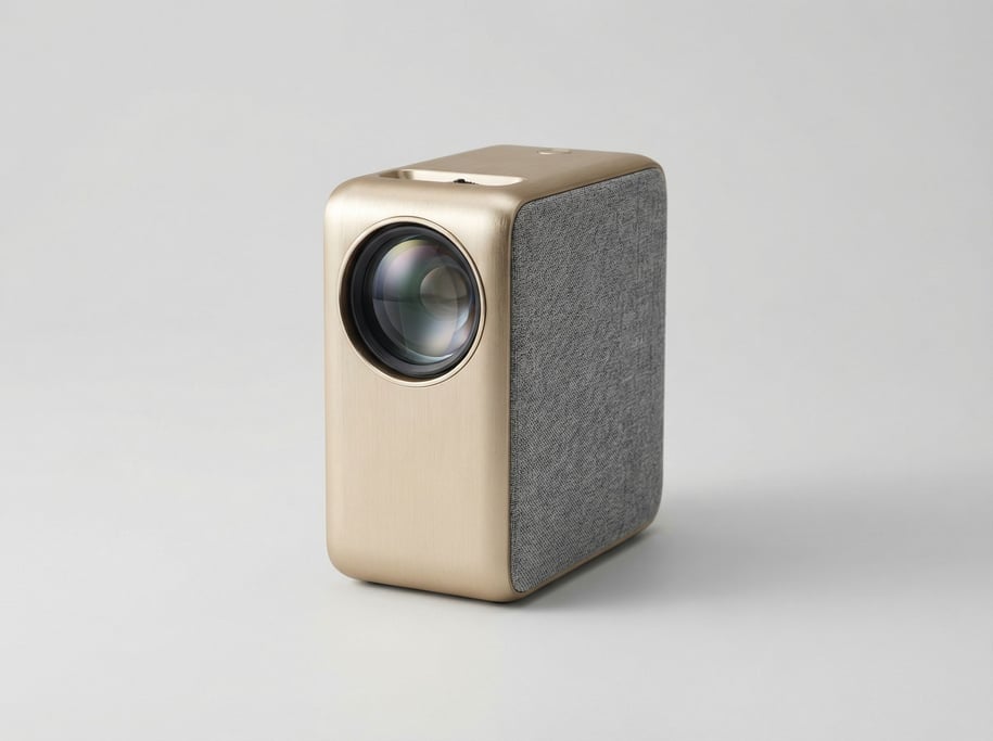 Portable Bluetooth mini projector in brushed gold aluminum with a single large glass lens and fabric