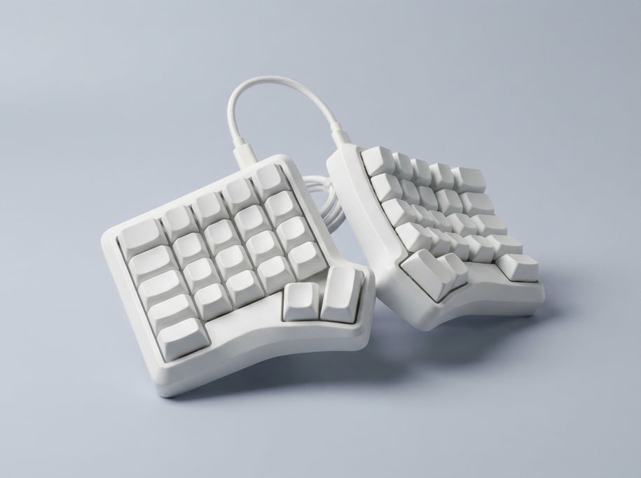 Split ergonomic keyboard in white ABS plastic with tented halves, sculpted keycaps