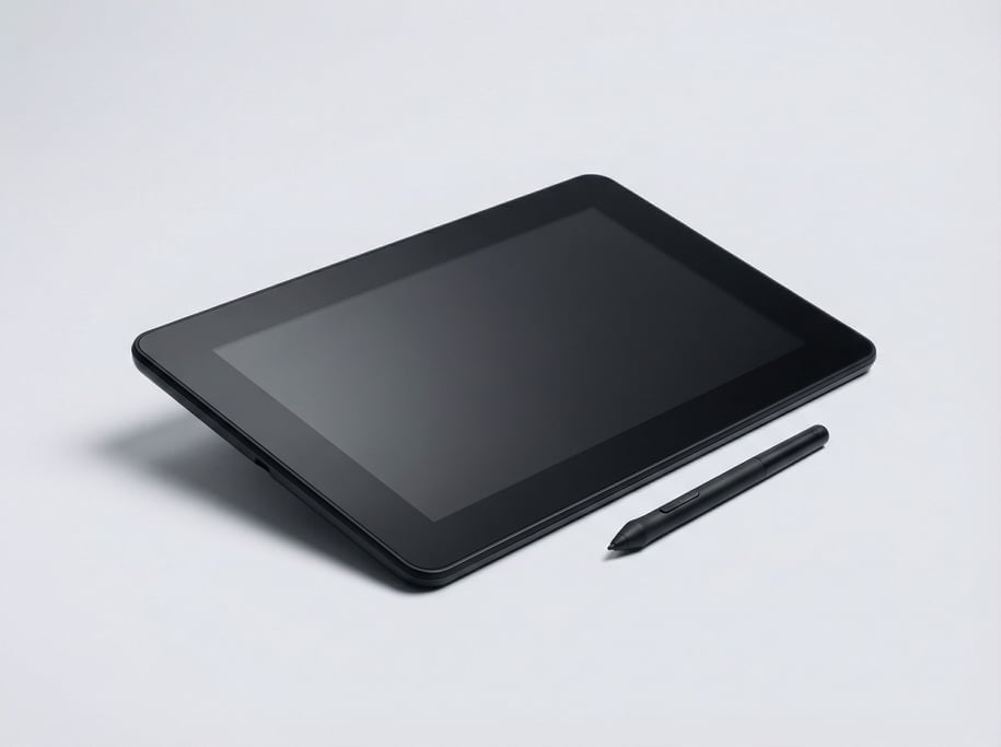 Digital drawing tablet in sleek black with a smooth glass drawing surface and a slim wireless stylus