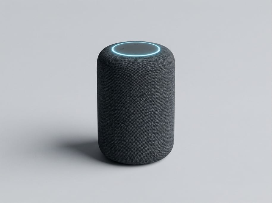 Smart home hub speaker in charcoal fabric weave with a glowing LED status ring on the top surface