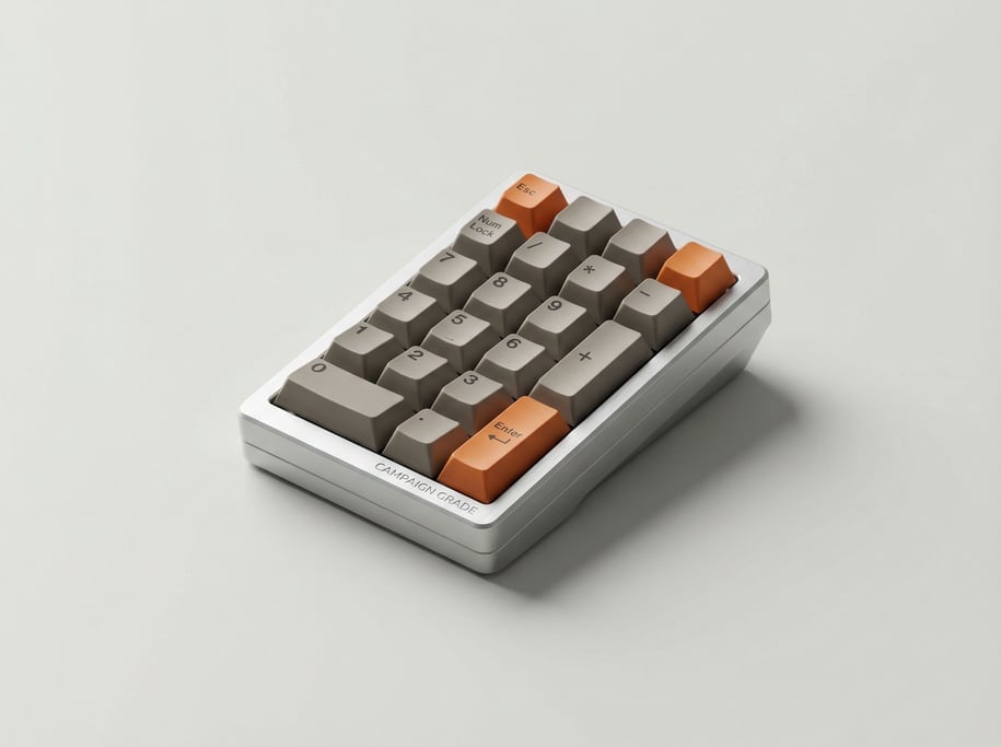 Mechanical number pad in anodized silver aluminum with cherry-profile keycaps in warm grey and orang