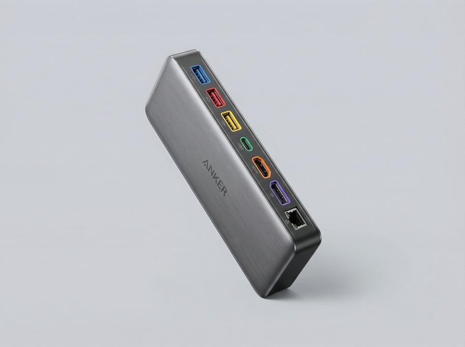 USB-C docking station in gunmetal brushed aluminum with a row of multicolored ports visible along th
