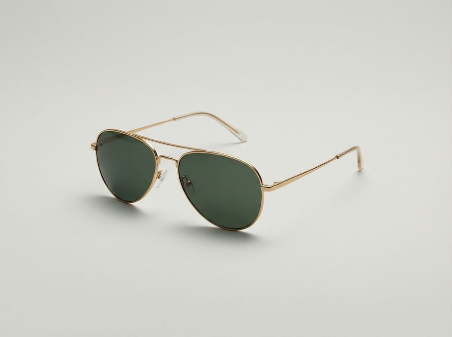 Aviator sunglasses with thin gold wire frames, dark green mineral glass lenses
