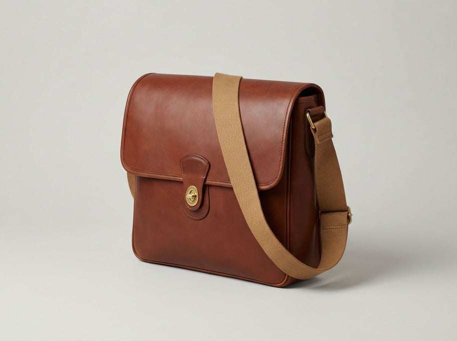 Leather messenger bag in rich chestnut full-grain hide with a brass turn-lock latch and adjustable c
