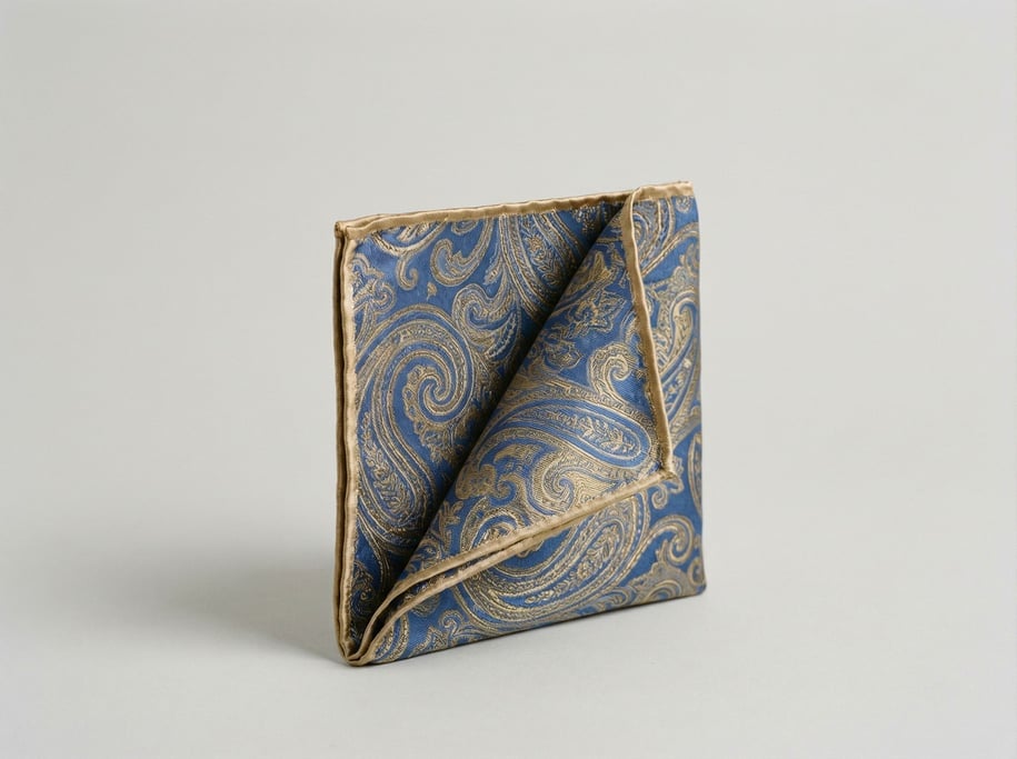 Silk pocket square in swirling paisley tones of sapphire blue and antique gold with hand-rolled sati
