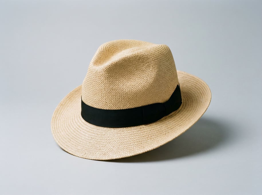 Woven natural straw Panama hat with a black grosgrain ribbon band, pinched crown