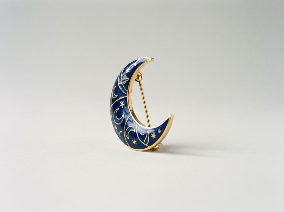 Enamel crescent moon brooch pin in navy blue and gold cloisonne finish with a locking safety clasp b