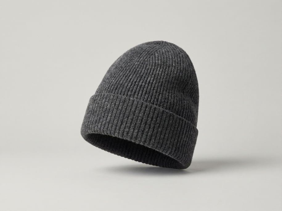Cashmere ribbed beanie in heathered charcoal with a fold-over cuff and a soft brushed interior knit