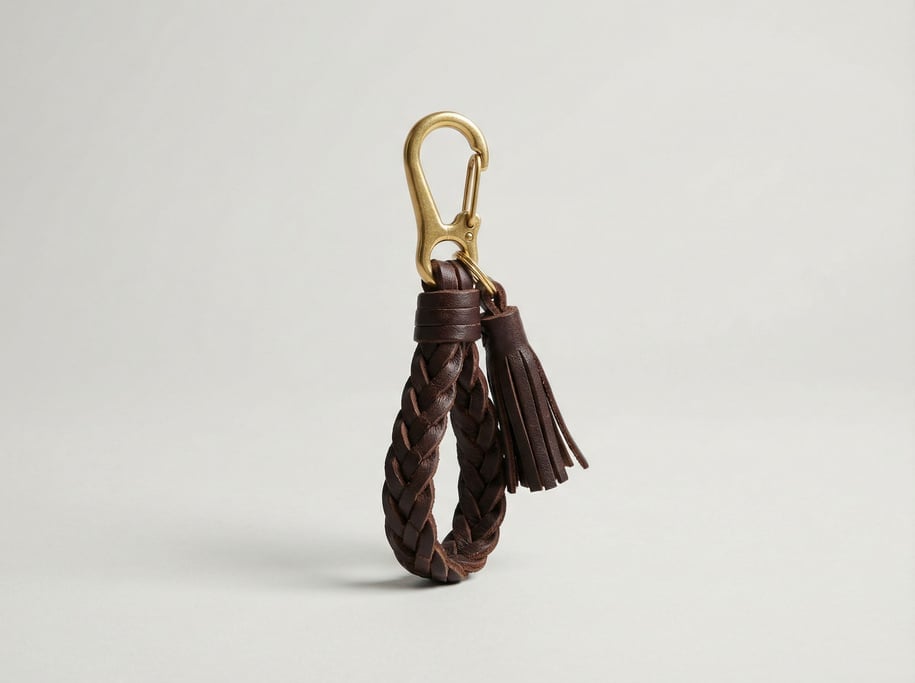 Braided leather keychain in dark brown with a solid brass spring-gate carabiner clip and a tassel en